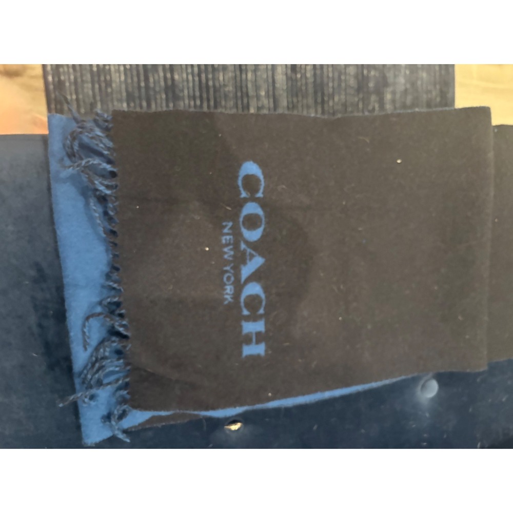 Coach New York Reversible Scarf Black Blue Logo Fringe Winter Accessory